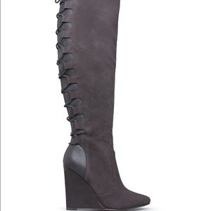 LACE UP OTK GREY THIGH HIGH WEDGE BOOTS